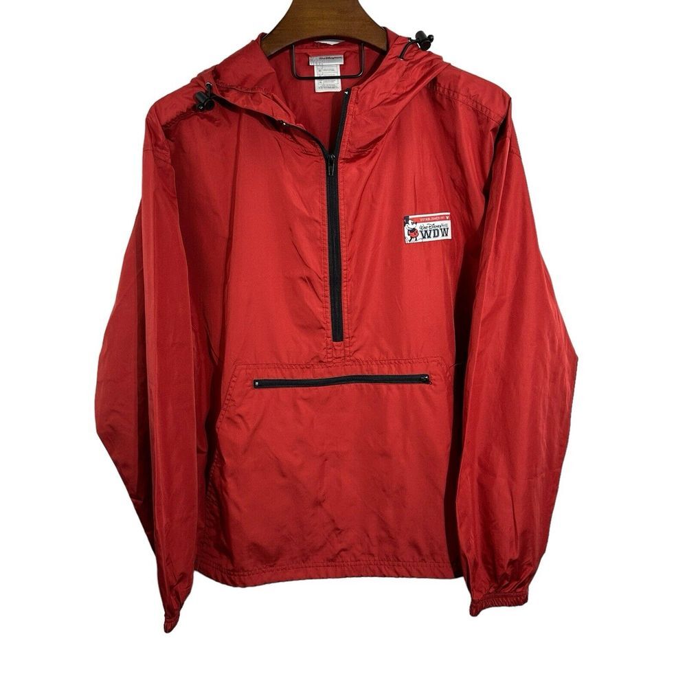 WALT DISNEY WORLD Rain Jacket Windbreaker Hooded Red‎ Packable Pullover XL